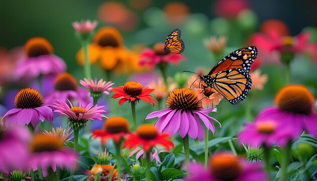 Butterflies on Vibrant Coneflowers in Colorful Garden
