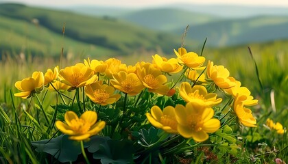 Bright Yellow Flowers in Green Field with Rolling Hills
