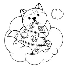 Easter coloring page with cute husky
