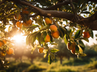 Fruit trees pruned balancing branches directing growth under morning light