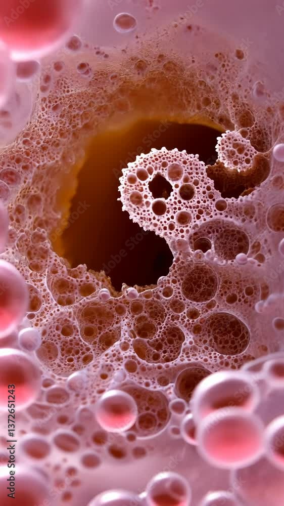 Poster bubbles and textures create a mesmerizing visual inside a swirling liquid at a close range