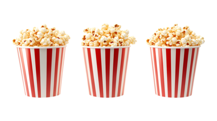 Popcorn Bucket Set in Three Different Poses on Transparent Background for Movie Night Themes, Cinema Branding, or Snack Illustrations