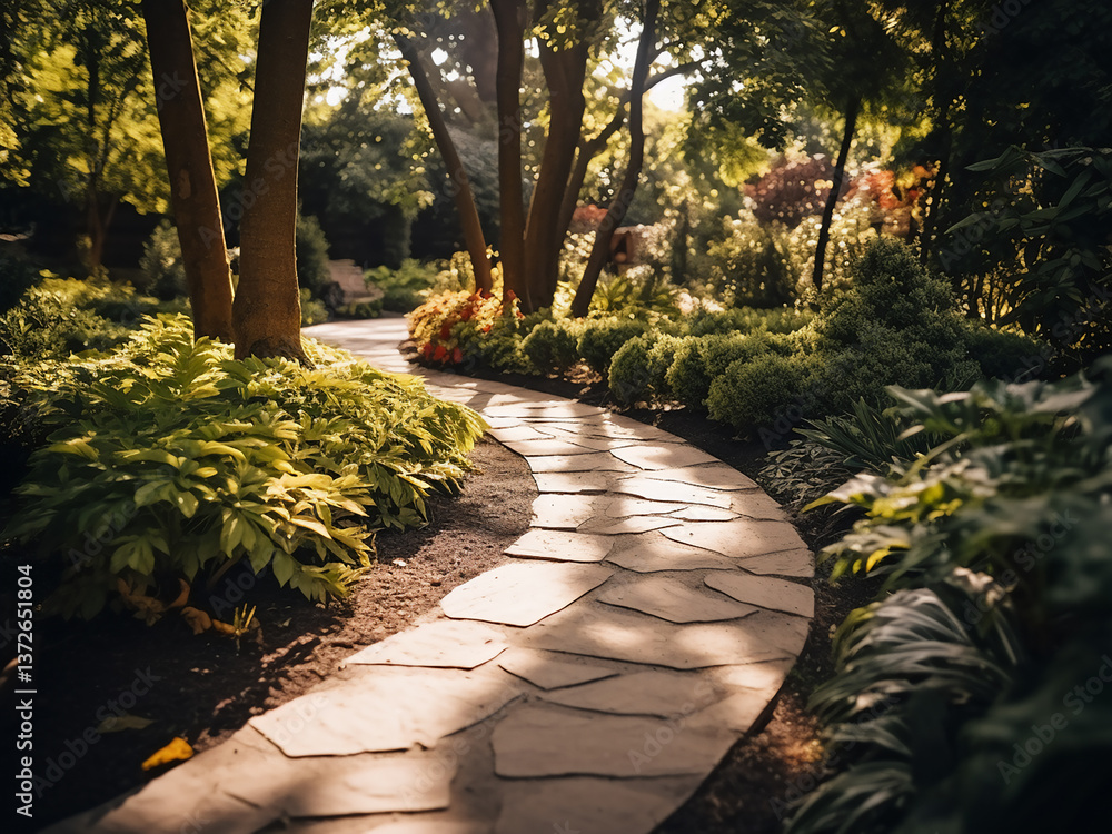 Poster garden paths maintaining surfaces with careful repairs ensuring access while shadows move slowly