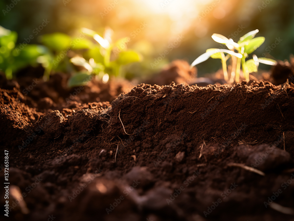 Poster garden soil amending with added nutrients improving structure gradually with dawn light breaking