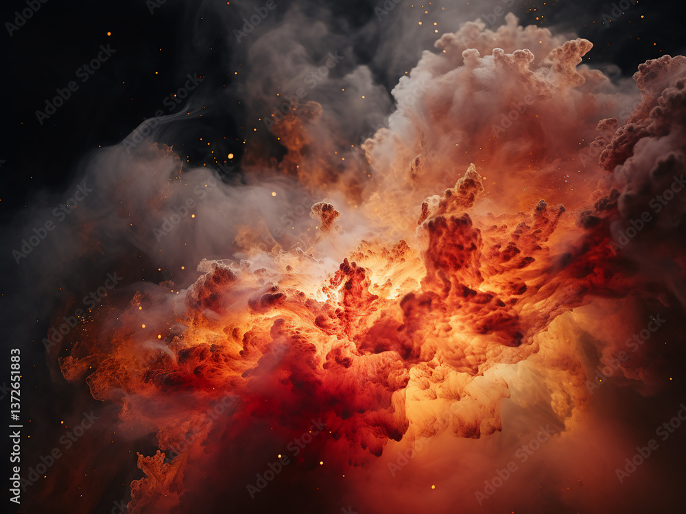 Poster gas cloud breaking into fragments with stellar cores forming and gravity concentrating