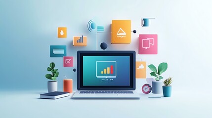 A modern laptop displaying growth analytics, surrounded by colorful icons and potted plants