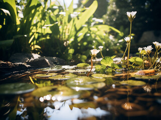 Naklejka premium Garden pond reflecting plants floating on water with gentle ripples sparkling in the light