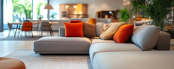 A modern living room featuring a stylish sofa with colorful cushions, elegantly designed furniture, and a warm atmosphere. Perfect for showcasing contemporary home aesthetics.