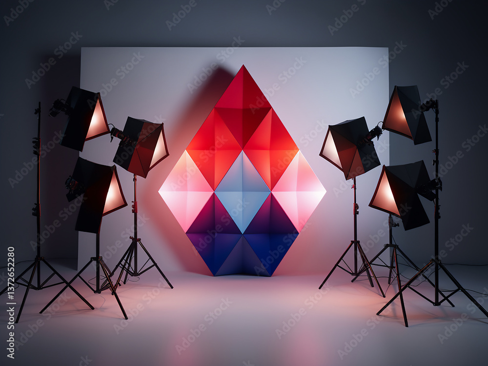 Poster geometric harmony showing a product floating centrally with even soft box lighting