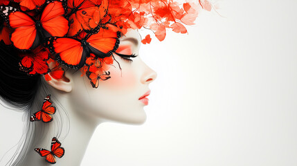 Face of a beautiful girl with butterflies instead of hair, surrealism, minimalism