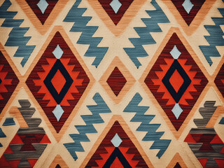 Geometric kilim pattern with repeating shapes and rhythmic colors creating harmony