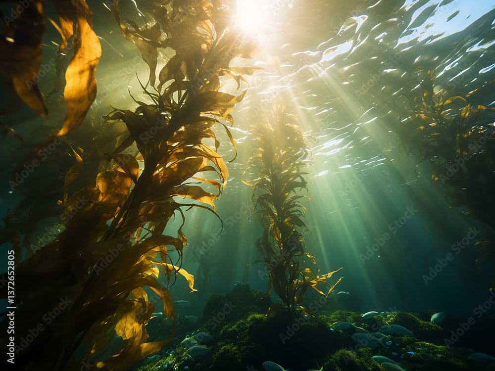 Aufkleber giant kelp forest with sunlight filtering through fish darting between swaying stalks