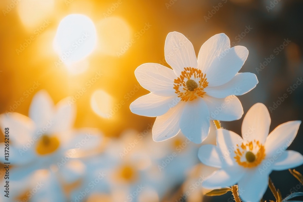 Poster serene white anemone flowers bask in golden sunlight creating a warm and inviting atmosphere with a 