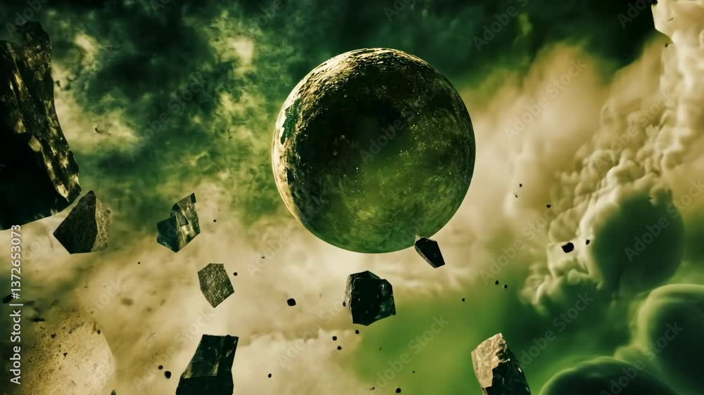 Poster exploring a vibrant green planet surrounded by floating rocks in a dynamic cosmic landscape