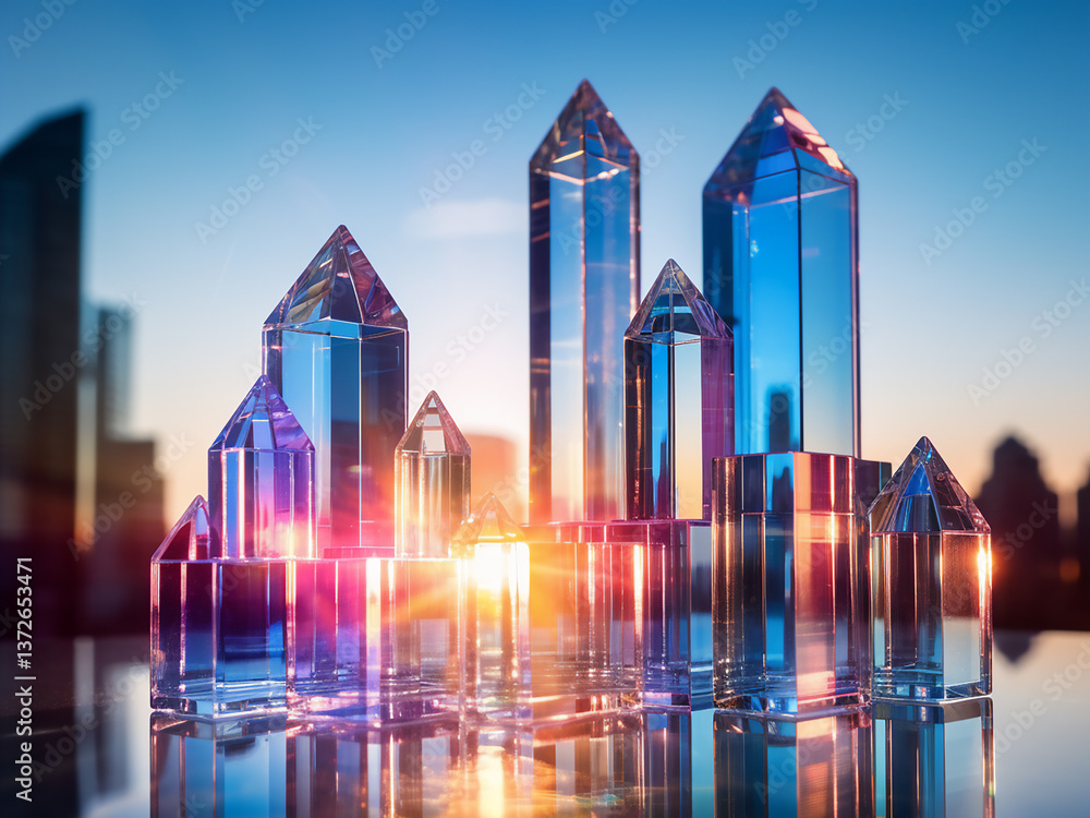 Poster glass towers rise with transparent layers stacking light refracting through creating prism effects