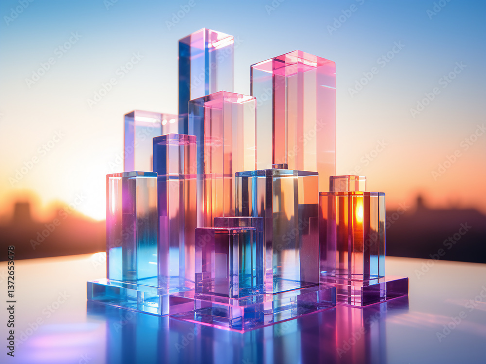 Poster glass towers rise with transparent layers stacking as light refracts through creating prism effects