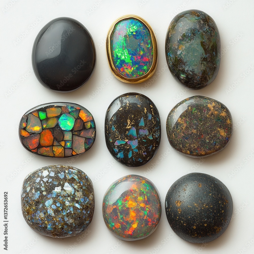 Poster collection of exquisite opal gemstones displaying iridescent colors and unique patterns on a clean w