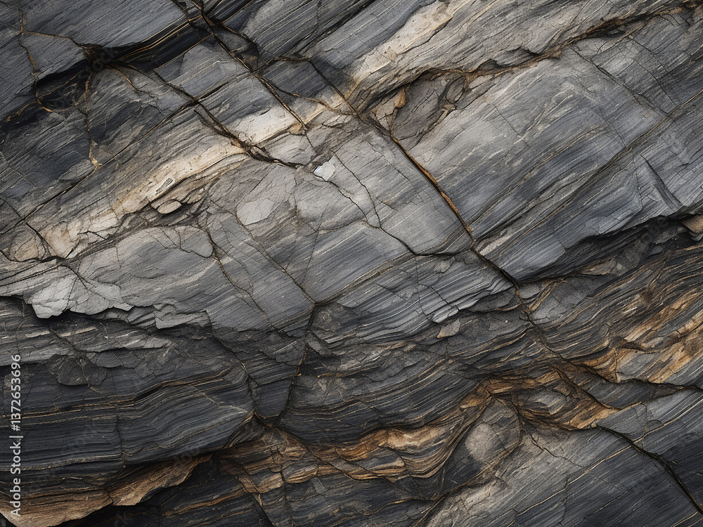 Poster gneiss surface shows close bands of folded texture creating striped earth patterns
