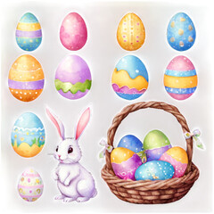 Set Easter Basket and Eggs PNG Transparent