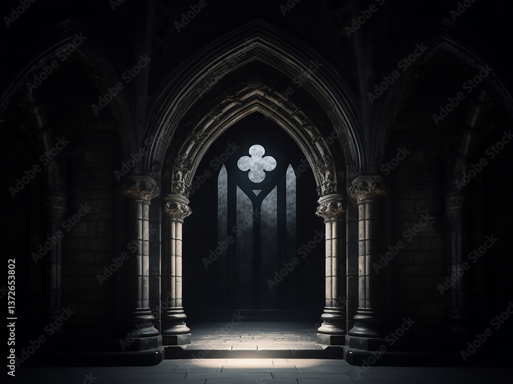 Poster gothic archway with towering stonework and detailed carvings creating deep shadows and height