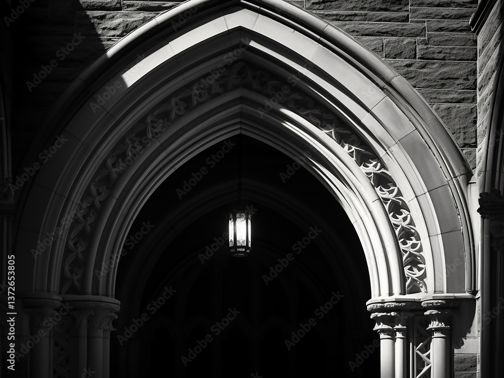 Poster gothic archway with tall stonework and intricate carvings casting deep shadows emphasizing height