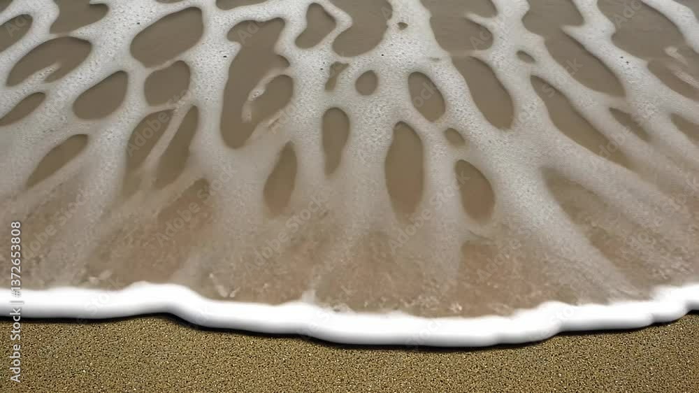 Poster waves gently lapping at the sandy beach, creating unique patterns in the foam and water at midday