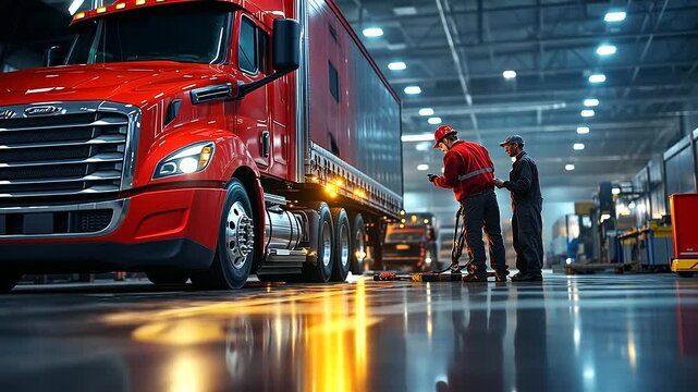 A truck driver inspecting the safety and condition of the cargo hold, checking straps and securing equipment, while a technician in the background checks the truck&rsquo;s brakes and sus