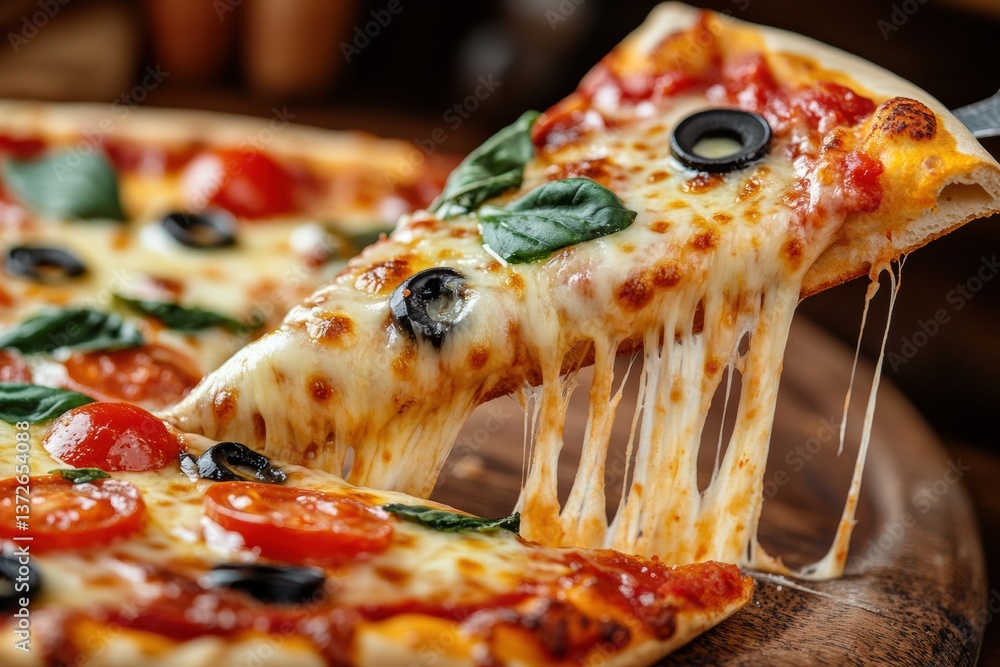 Aufkleber melted cheese stretches from a delicious pizza slice with vibrant toppings against a dynamic backgro