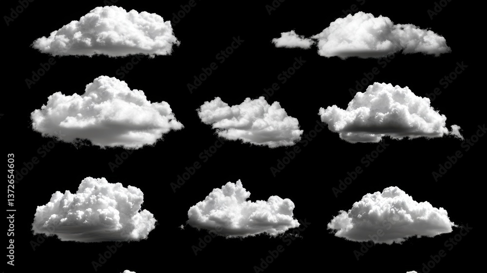 Poster collection of fluffy white clouds isolated against a stark black background creating a dramatic and 