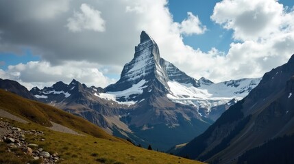 Fototapeta premium A detailed, professional photo of the Matterhorn in Switzerland at midday, with cloudy conditions, taken from an ordinary perspective.