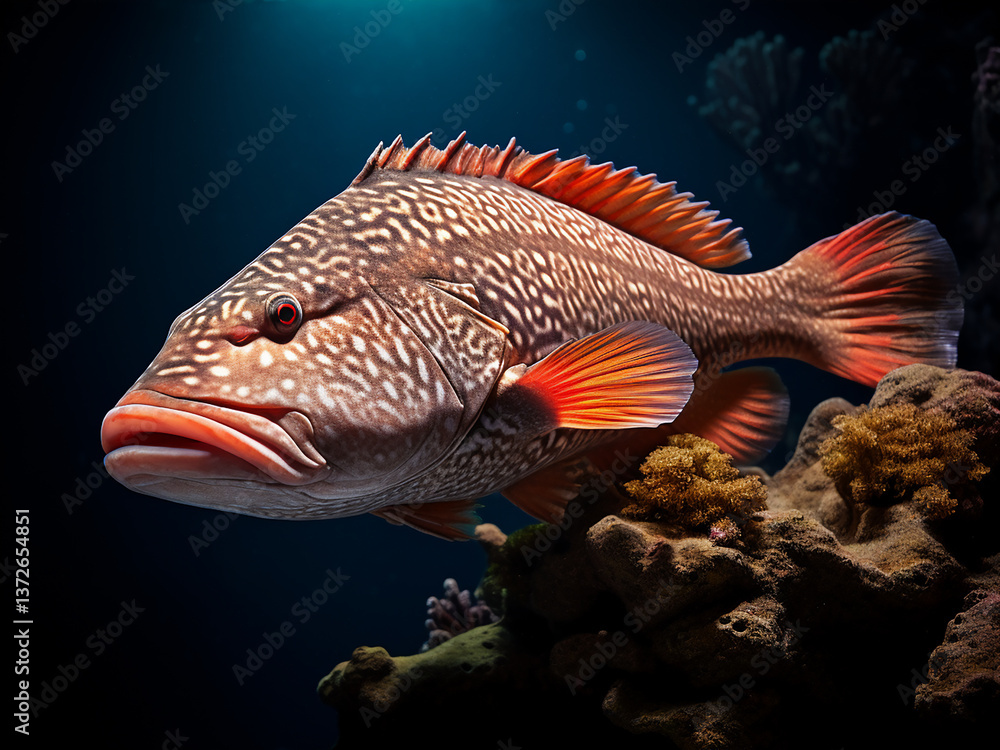 Poster grouper resting calmly reef surrounding tiny fish tending scales motionless observing!