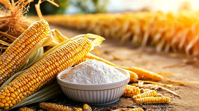 A vibrant farm-to-table display of corn, showcasing bright, sunlit ripe cobs with kernels glistening, surrounded by a ceramic bowl of corn starch, natural straw textures in the bac