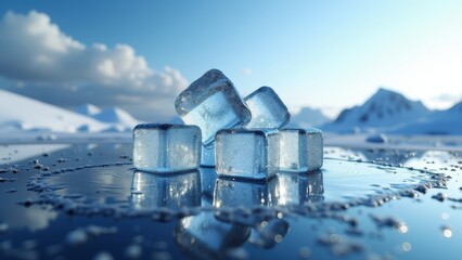 Stack of clear ice cubes melting on icy surface in mountain landscape	