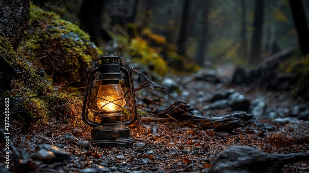 Poster Illuminated lantern on a forest path nature scene nighttime atmosphere captivating viewpoint tranquil concept for adventure