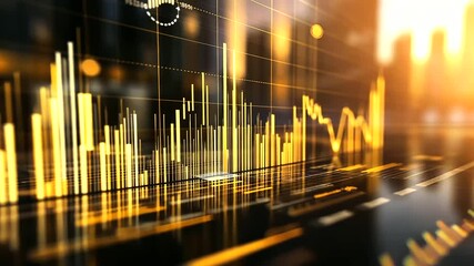 A visually striking infographic with layered growth lines climbing steadily, warm golden tones indicating financial success, with abstract bar charts blurred in the distance