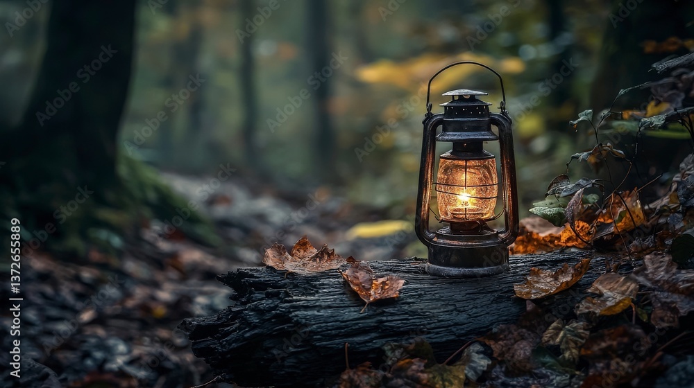 Poster illuminating lantern on forest path nature scene photography autumn atmosphere close-up perspective 