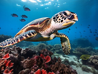 Fototapeta premium Hawksbill turtle breaking sponge pieces off the reef slope feeding with focused attention