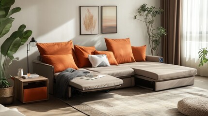 A modern living room with sectional couch and decor
