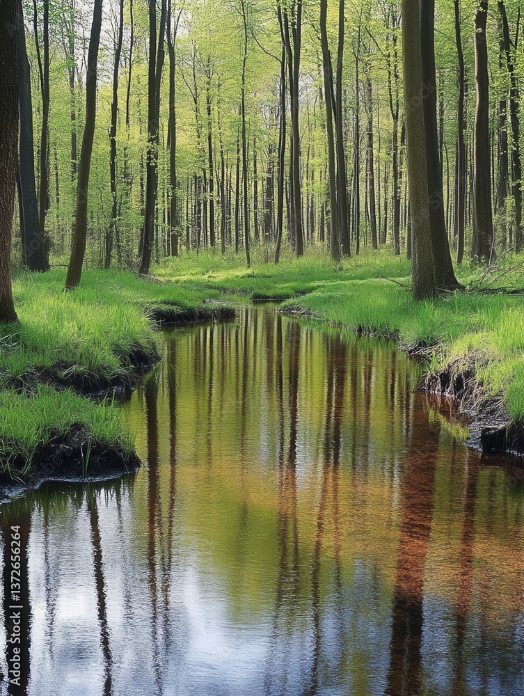 Poster serene forest scene with a gentle stream reflecting the lush green canopy creating a tranquil and pi