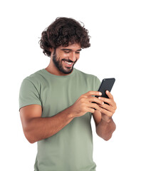 Happy young man with curly hair using smartphone smiling casual green t shirt mobile phone