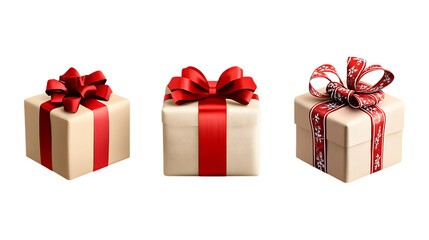 Christmas Gifts Set in Three Different Poses on Transparent Background for Holiday Promotions, Greeting Cards, or Festive Designs