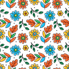 Seamless pattern depicting a bright blooming garden. Various small flowers, hand-painted leaves, grass. White floral background, modern botanical print. Design for fabric.