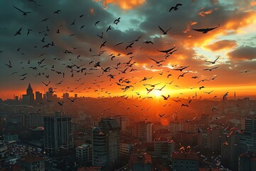 Obraz premium A stunning sunset over a bustling city skyline, with flocks of birds soaring through vibrant skies. A breathtaking blend of colors, capturing the essence of urban wildlife at dusk.