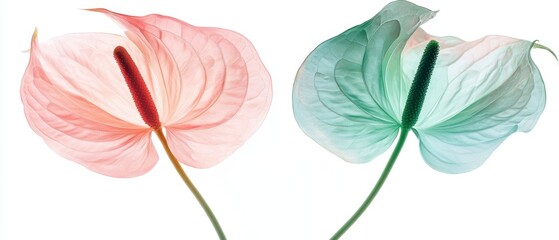Fototapeta premium Elegant Anthurium Flowers in Pastel Hues on White Background Capturing Delicate Beauty and Botanical Artistry for Stock Photography
