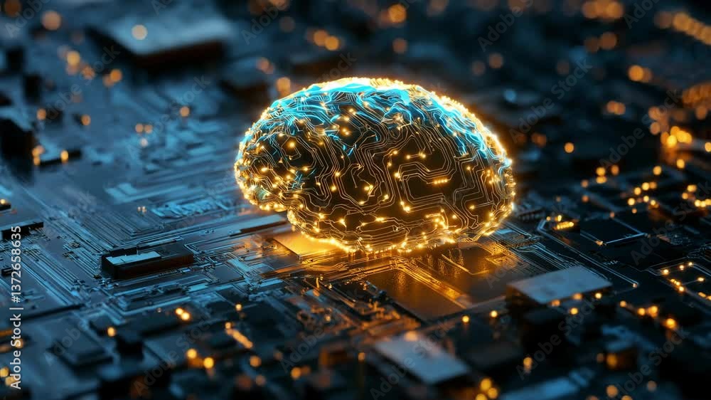 Poster a representation of a brain made from circuits shines with lights on a dark circuit board, symbolizi