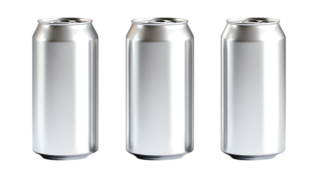 Cans Set in Three Different Poses on Transparent Background for Packaging Design, Food Branding, or Recycling Concepts