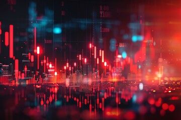 Obraz premium A vibrant digital abstract image depicting a futuristic financial chart with bright red and blue hues, representing the dynamics of stock market data and technological advancement.