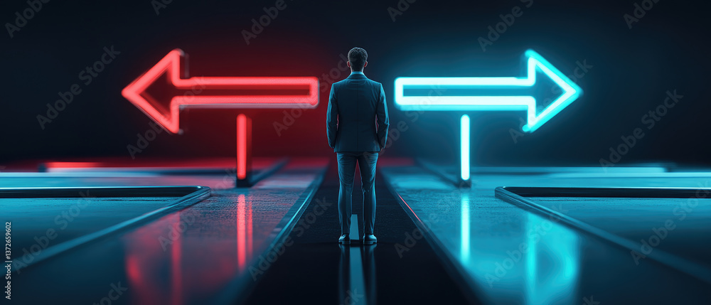Poster decision making choosing between two paths digital landscape abstract art futuristic environment cen