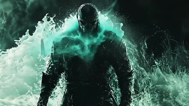A mysterious armored warrior stands in turbulent emerald waves, ready for battle in an ethereal setting