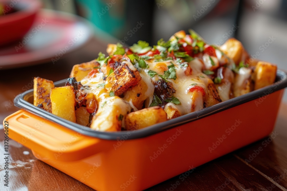 Poster crispy fries smothered in cheese sauce served in a vibrant orange container at a busy diner during l